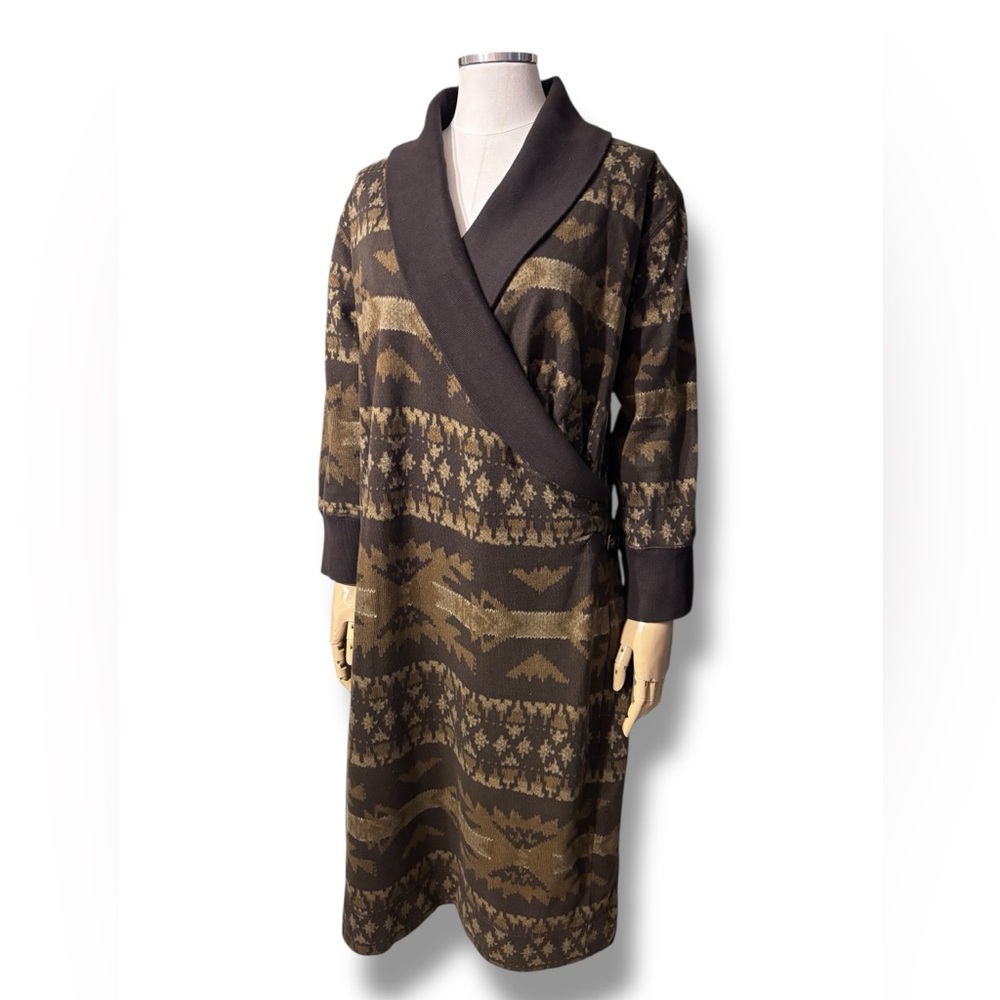 LRL WOMAN Brown Cotton Knit Southwestern Shawl Collar Faux Wrap Dress Size 2X